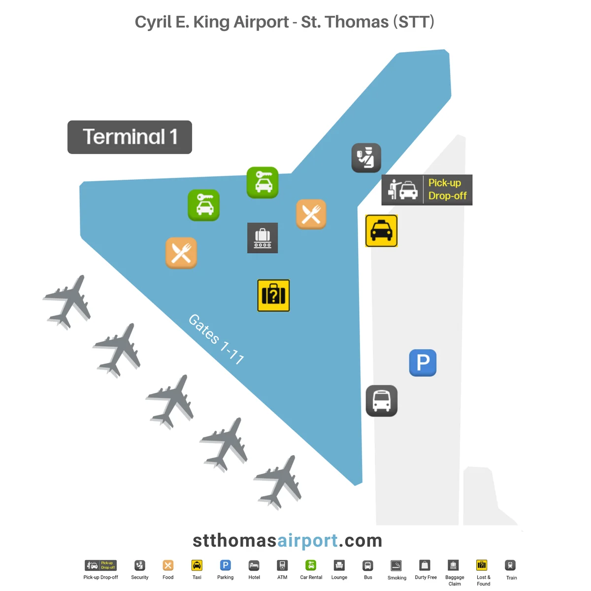 Illustrated map of Cyril E. King Airport (STT) in St. Thomas showing Terminal 1, gates 1-11, parking, taxi, car rental and passenger services